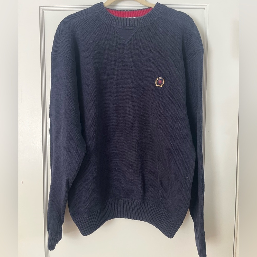 VTG TOMMY HILFIGER navy cotton embroidered logo crewneck sweater small unisex